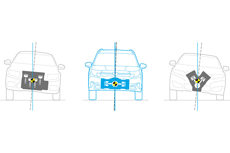 Iliustracija rodo, kaip opozicinio variklio horizontaliai priešpriešiais judantys stūmokliai sukuria vidinę pusiausvyrą – skirtingai nei eilės ar V tipo variklių netolygūs judesiai.