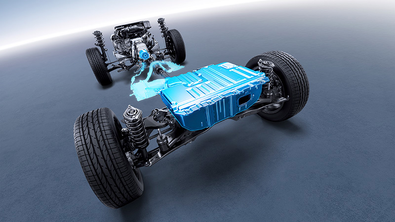 Grafinė iliustracija, rodanti, kaip Subaru opozicinis variklis veikia kartu su elektros varikliu – užtikrina efektyvų galios perdavimą, mažesnes emisijas ir geresnį kuro ekonomiškumą.