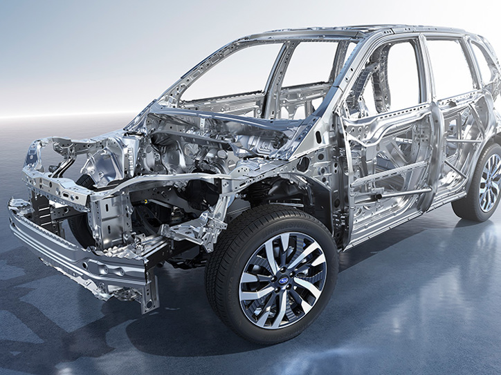Subaru Forester saugos karkaso iliustracija, rodanti sustiprintą automobilio konstrukciją didesniam saugumui susidūrimo metu.