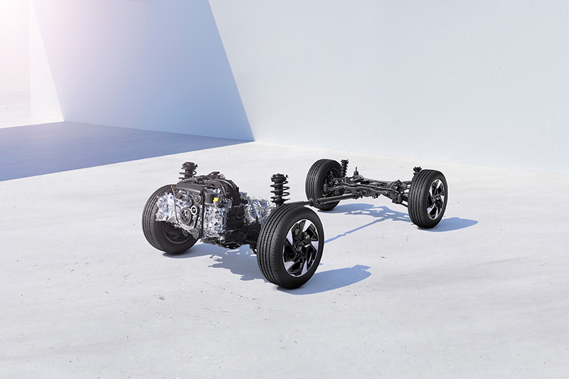 Animacija rodo „Subaru“ simetrišką visų varančiųjų ratų pavarą modelyje Crosstrek – pavaros sistema ir ašys subalansuotos, siekiant užtikrinti maksimalų stabilumą ir sukibimą su keliu.