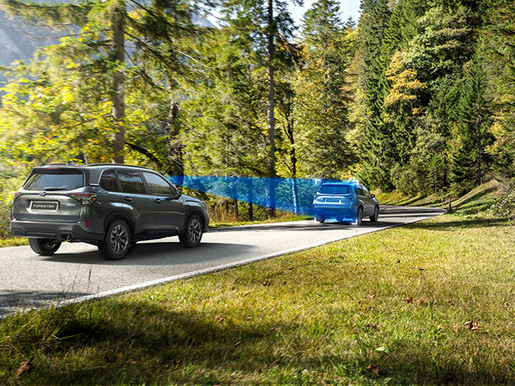 Subaru Forester važiuoja keliu, o mėlynas trikampis vaizdas rodo automobilio EyeSight kamerų matymo lauką.