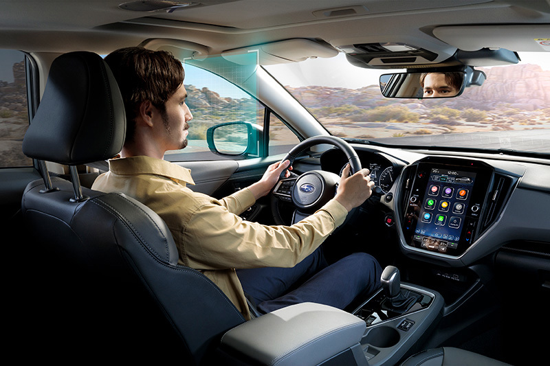 Tinklelis rodo, kaip „Subaru“ veido atpažinimo kamera seka vairuotojo žvilgsnį ir padėtį – kad realiuoju laiku įspėtų apie dėmesio stoką ar nuovargį.