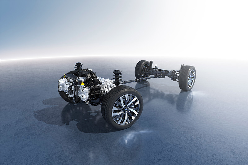 Subaru Lineartronic CVT automatinės pavarų dėžės iliustracija, išryškinant komponentus ir galios perdavimą.