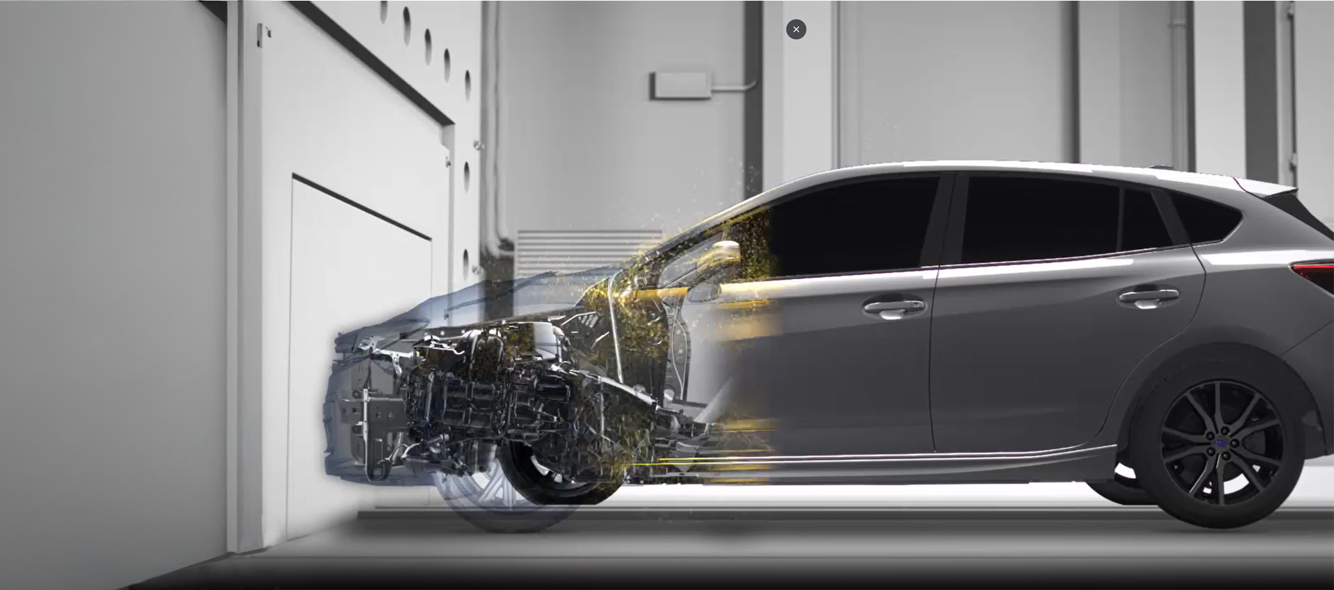 Subaru susidūrimo testas – automobilis kontroliuojamai atsitrenkia į sieną, siekiant įrodyti jo aukštą saugumo lygį, apsauginį saugos karkasą ir pažangias pasyvios saugos sistemas.